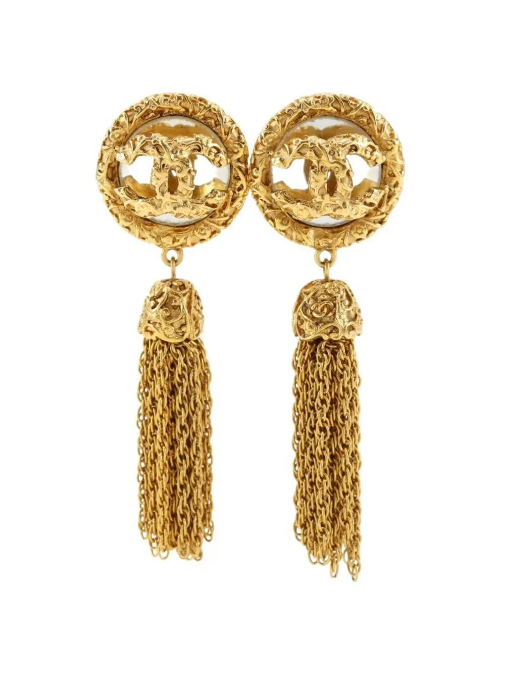 Chanel CC Logo Fringe Tassel Chain Vintage Gold Plated Earrings